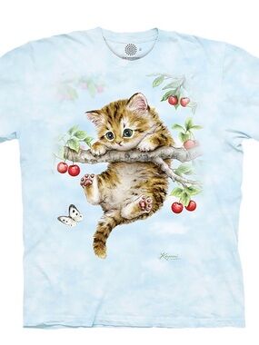 😻🩵 NWOT 3XL, The Mountain, Cherry Kitten, Light Blue, Short Sleeved T-Shirt